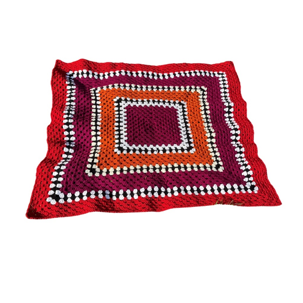 Vintage Handmade Crochet Granny Square Afghan Blanket‎ 36x36 Red Orange Purple